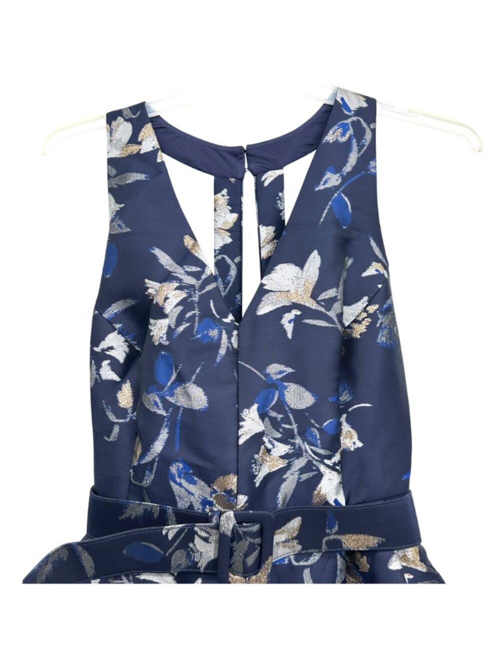1901 Nordstrom Navy Floral Metallic Jacquard Belted Midi Dress Womens 16 NEW - Picture 3 of 16